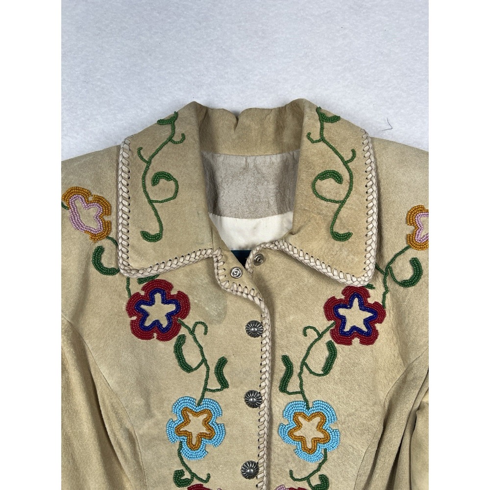 Ren Ellis Santa Fe Beaded Suede Leather Jacket Size 10 Tan Snap Front Lined - Picture 3 of 15